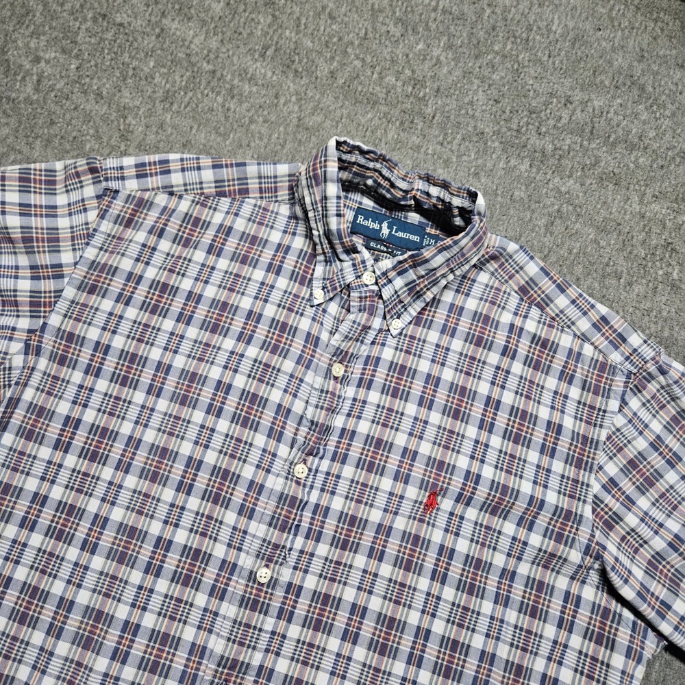 Ralph Lauren Button Down Shirt Mens M Blue White Plaid Classic Fit Short Sleeve
